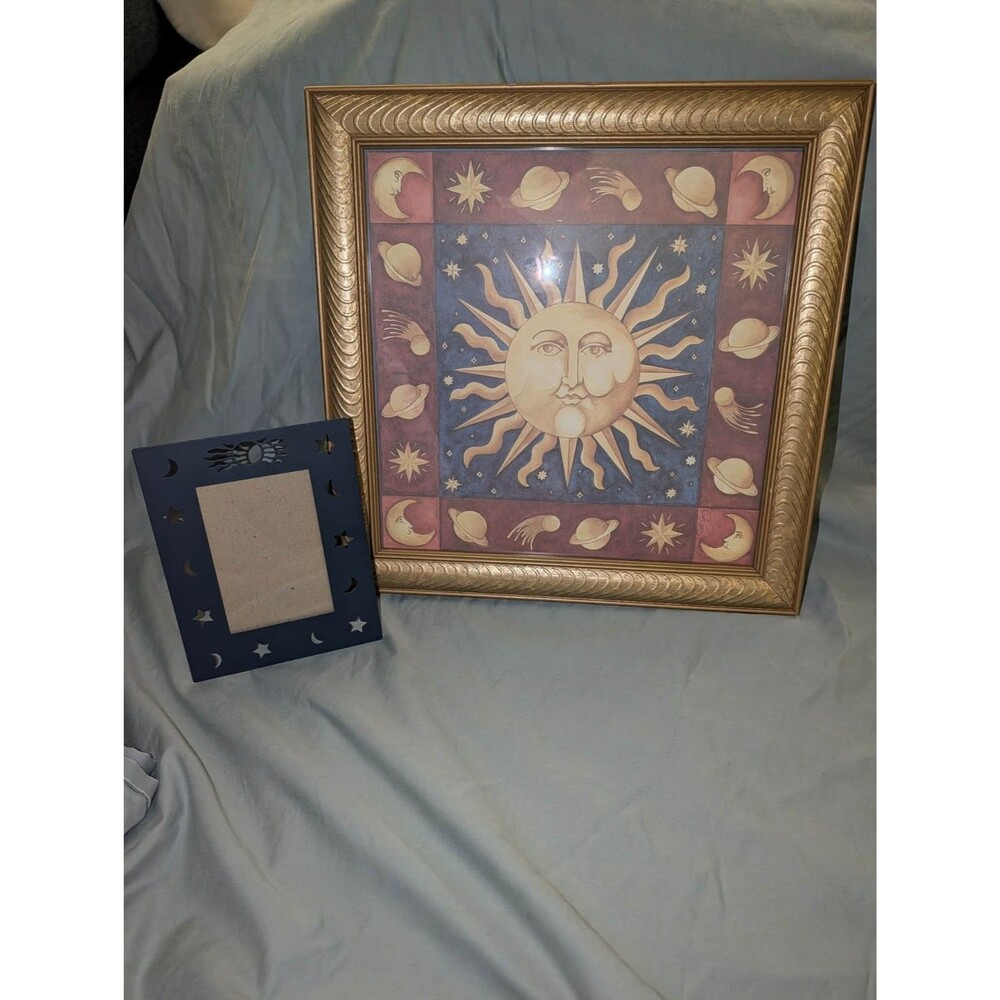 Vintage Mary Beth Zeity Celestial Sun Moon Stars Framed Art Print 14x14